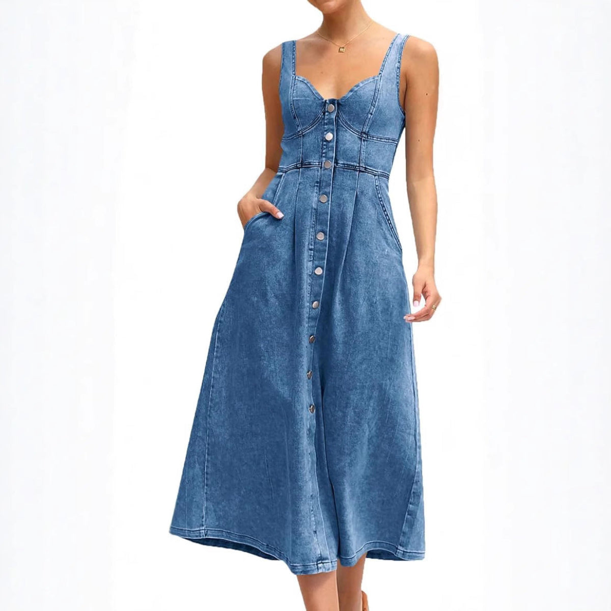 Sweetheart Neck Button Front High Split Denim Midi Dress 2