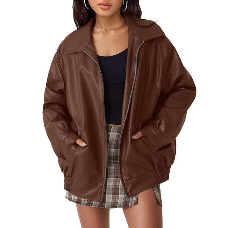 Faux Leather Collared Zip Front Oversized Bomber Jacket 3