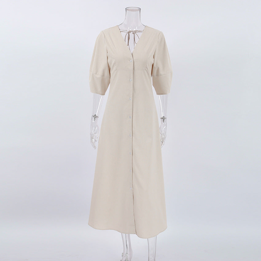 Linen V-Neck Button-Front Puff-Sleeve Midi Dress 8