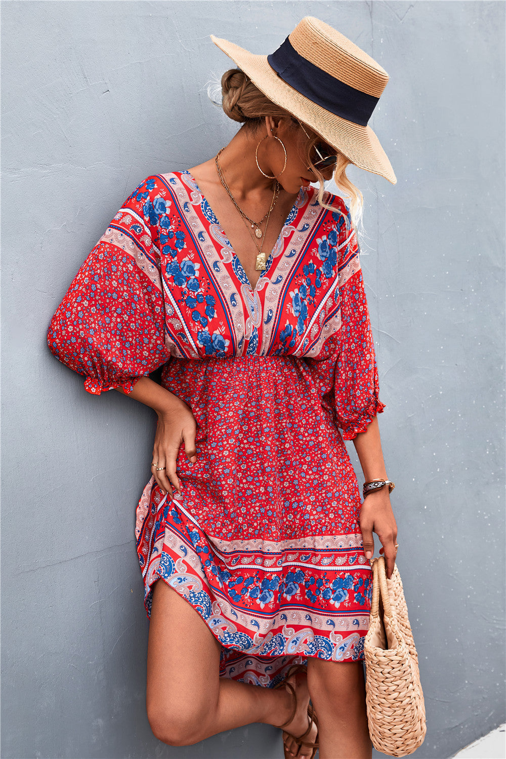 Floral Print V-Neck Puff Sleeve Mini Dress 4