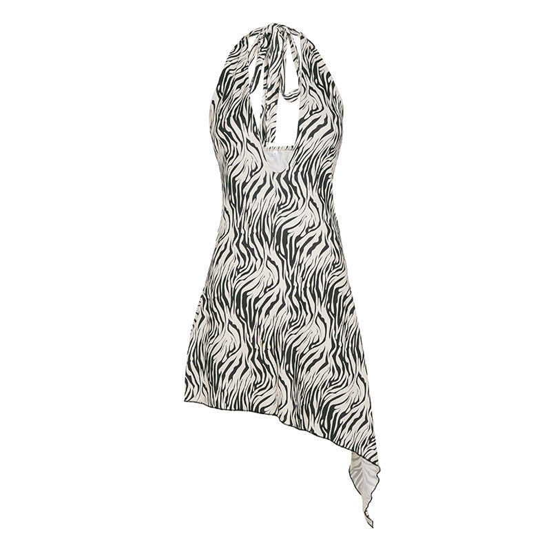 Zebra Print Halter Neck Backless High Low Mini Dress 5
