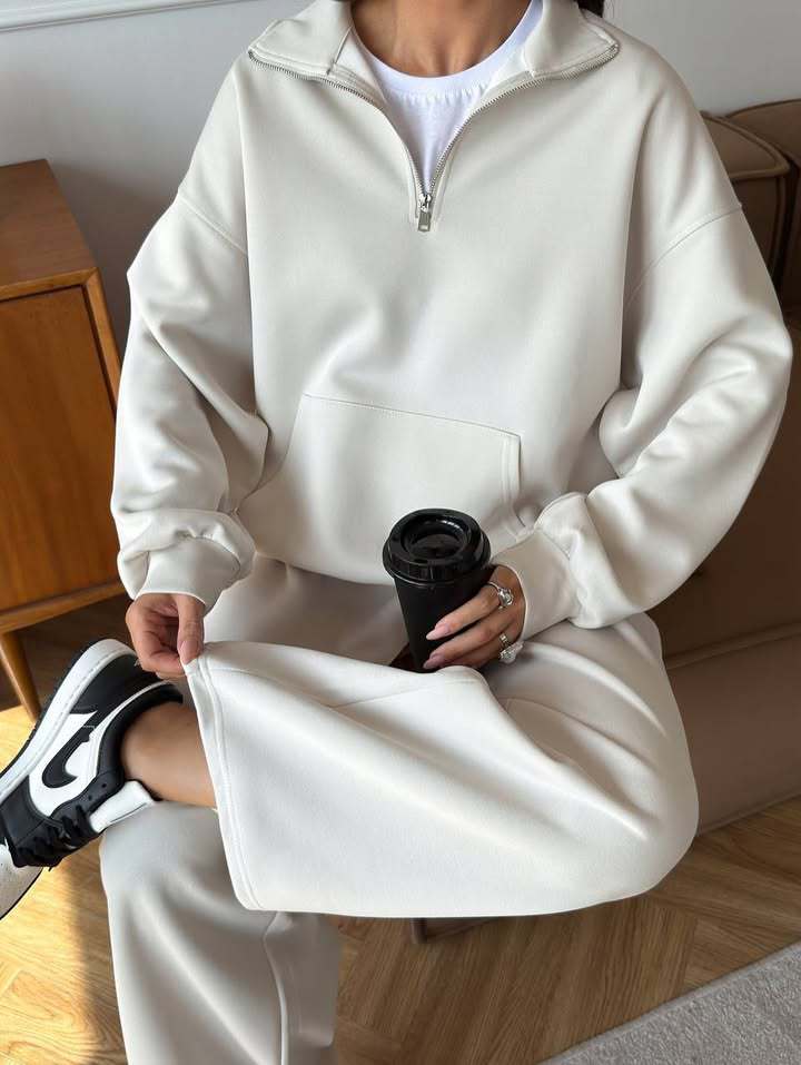 Zippered Half-High Collar Pullover and Wide-Leg Pants Set