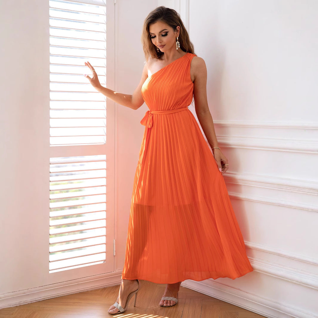Collarless One Shoulder Party Chiffon Pleated Waist Dress