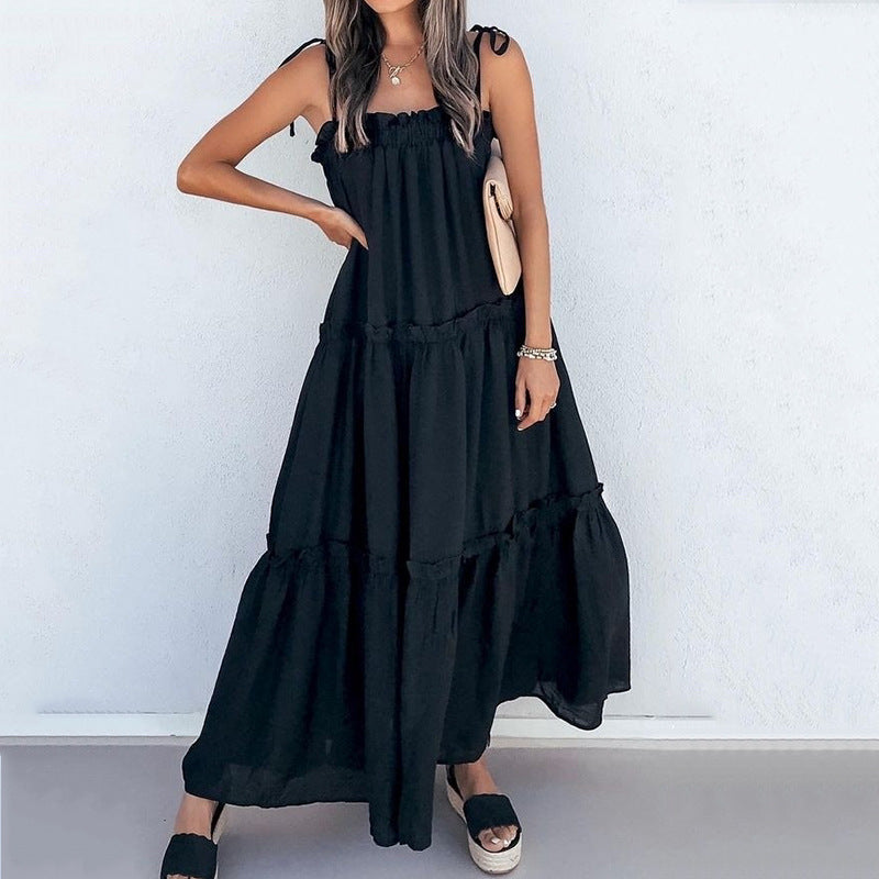 Tie Strap Ruffle Neck Tiered Maxi Dress