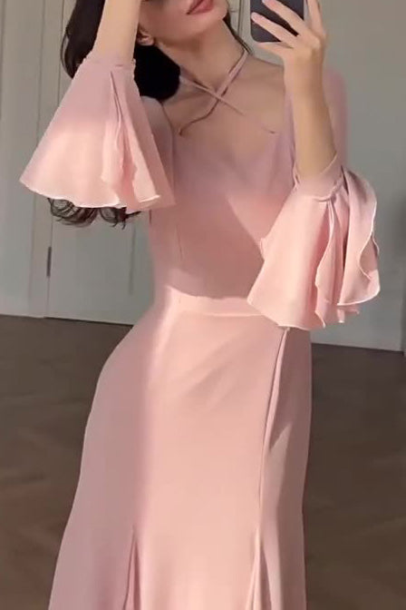 Pink square neckline stacked sleeves slim maxi dress