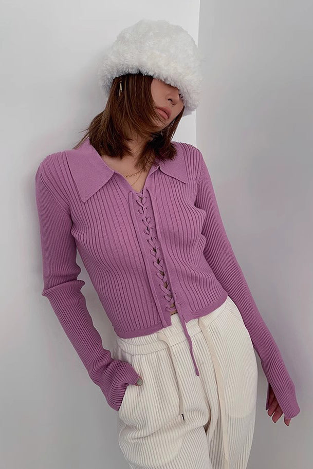 Rib-Knit Lace-Up Sweater Cardigan for Stylish Comfort