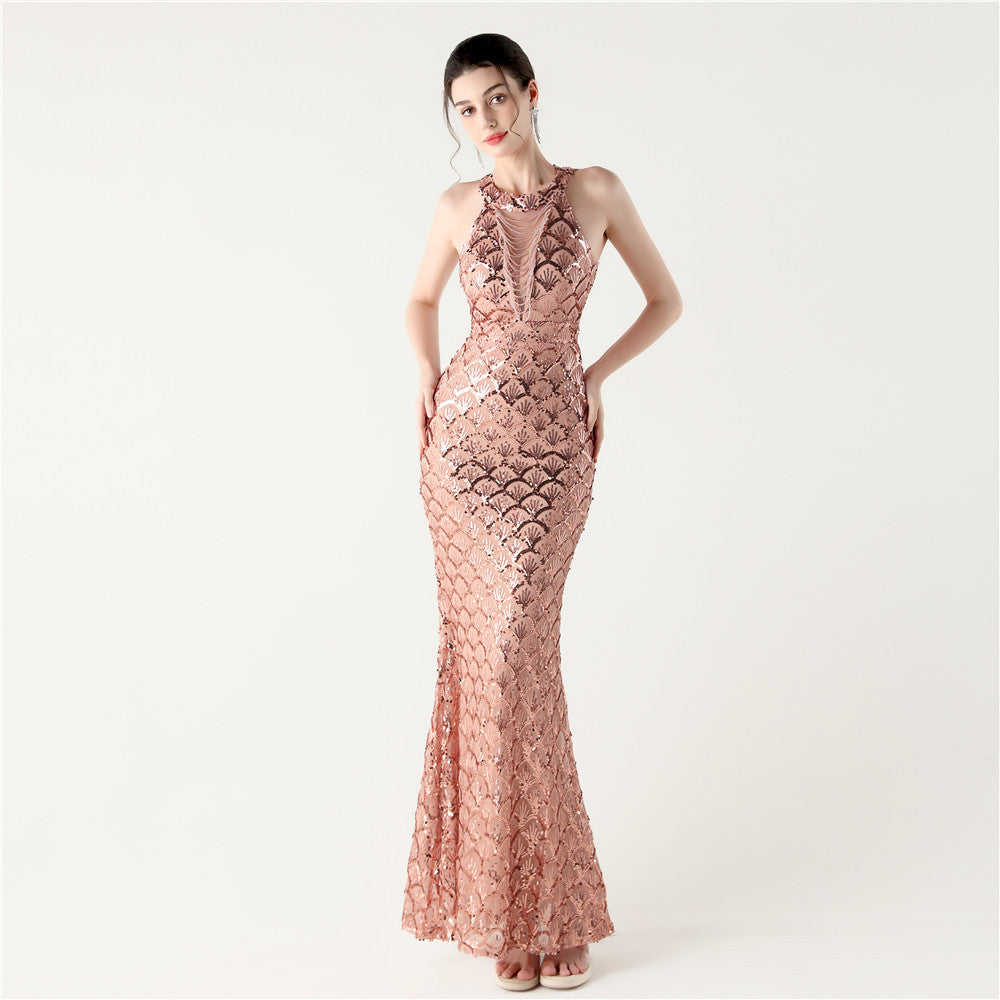 Sequin Halter Neck Backless Mermaid Maxi Evening Gown - View 5