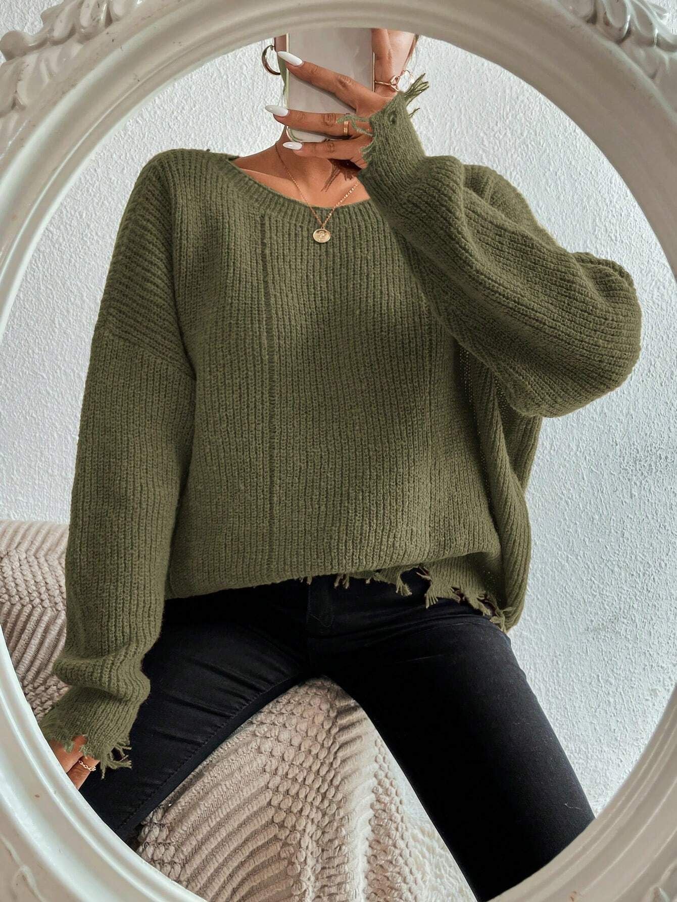 ShoptheCIC Loose Knit Ripped Design Round Neck Sweater