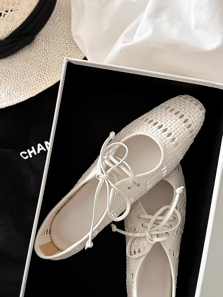 Vintage woven hollow lace-up square toe chunky heel Mary Jane shoes