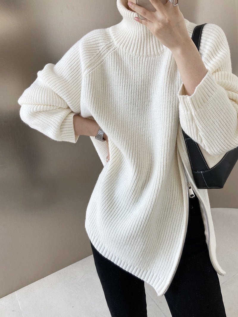 ShoptheCIC Solid Color Turtleneck Knit Sweater with Zip