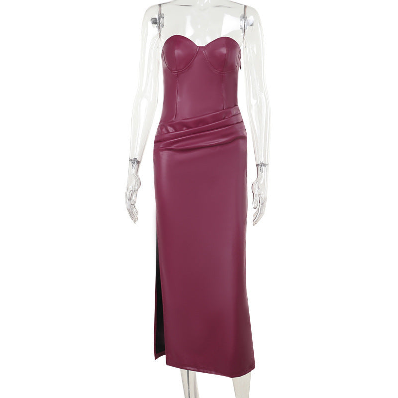 Faux-Leather Strapless Sweetheart High-Slit Maxi Dress 7