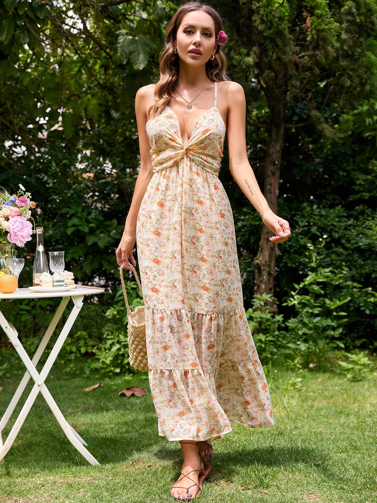 Floral Print Twist Front Deep V-Neck Tiered Maxi Dress