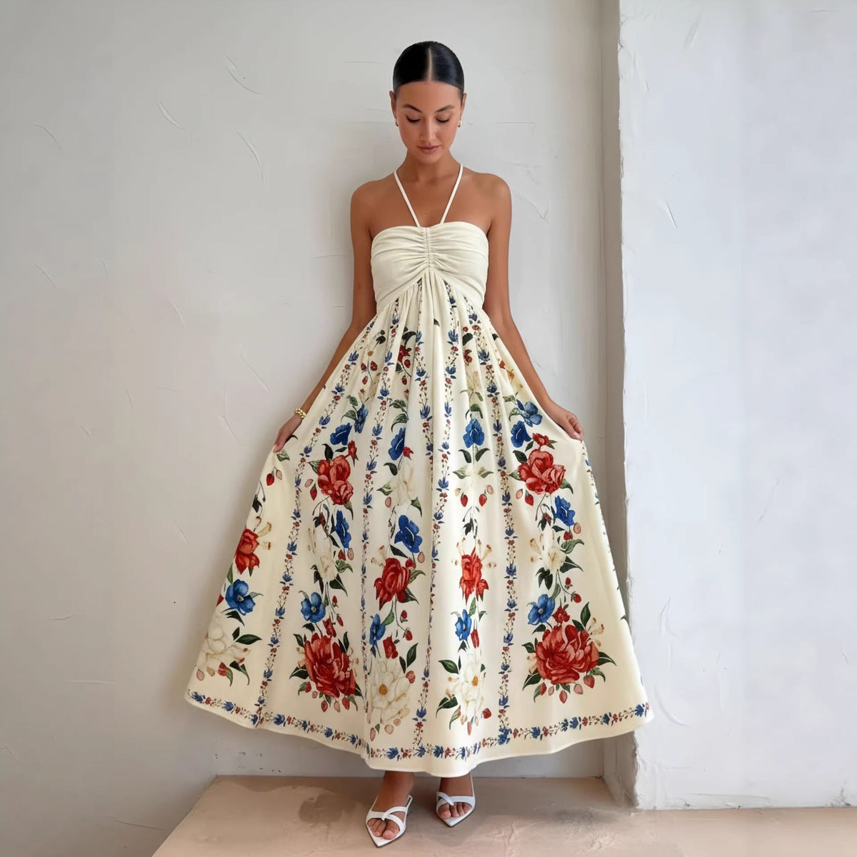 Floral Print Halter Neck Full Skirt Maxi Dress