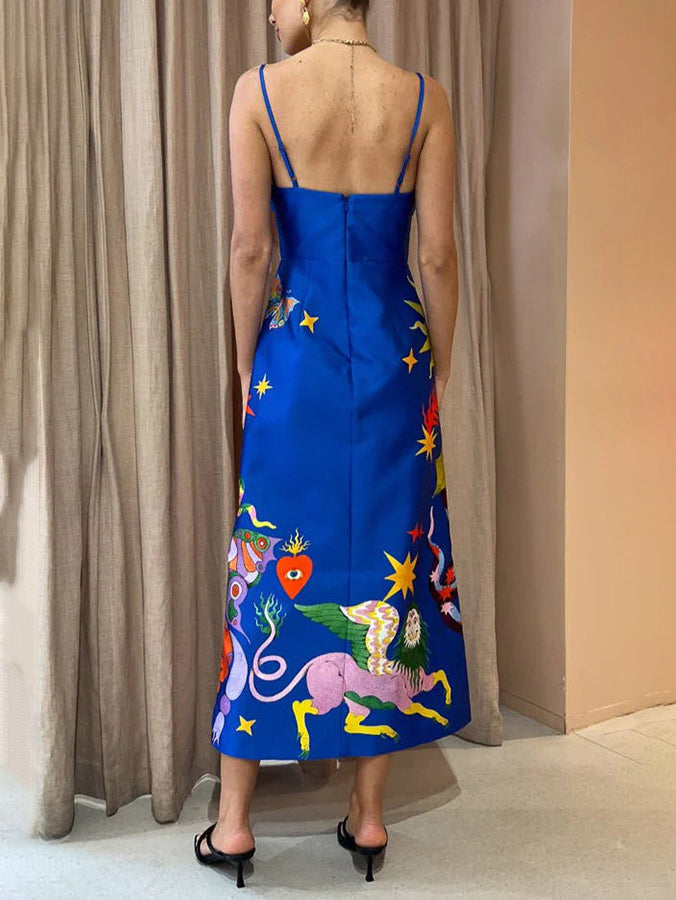Summer Sexy Satin Backless Printed Sleeveless Midi Dress - Fashionpara