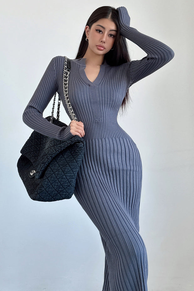 V-Neck Long Sleeve Knit Sweater Dress for Effortless Style
