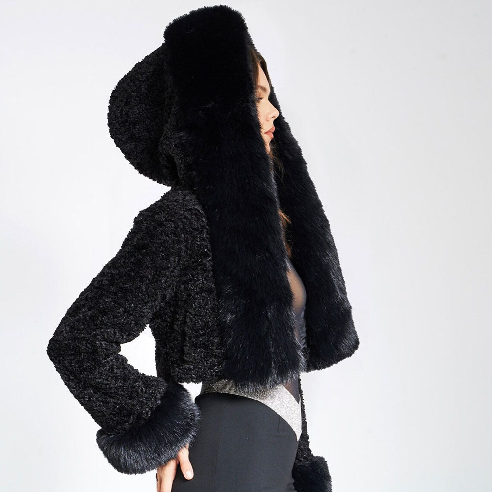 Solid Thickened Fur Collar Cropped Coat