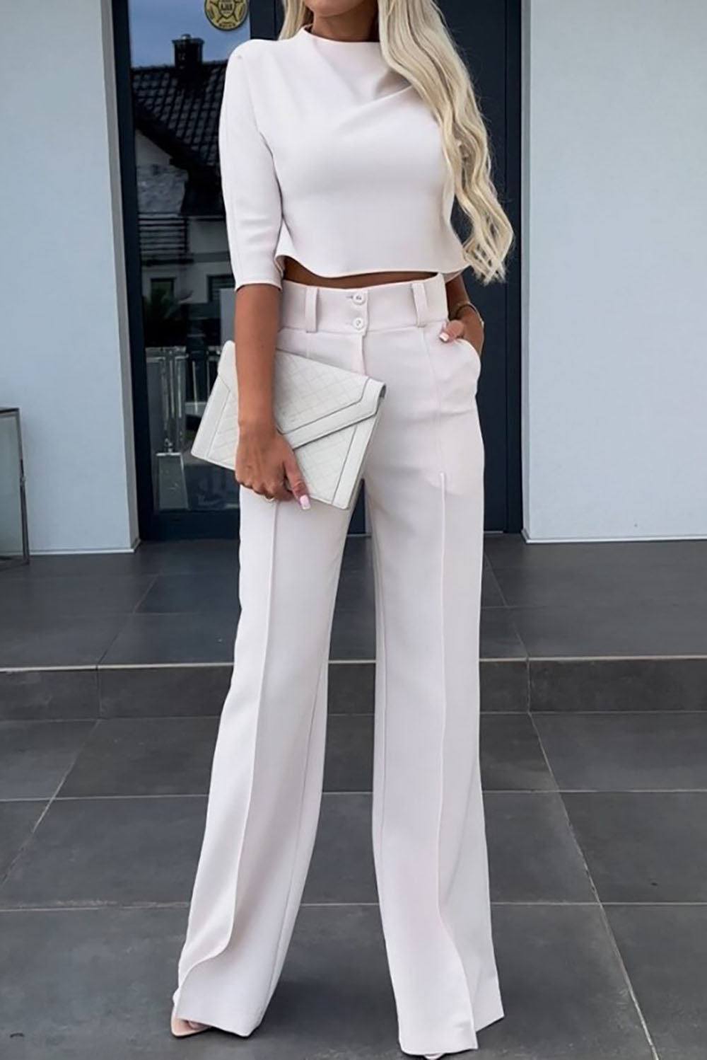 Business Casual Mid-Sleeve Pullover Wide-Leg Pants Set