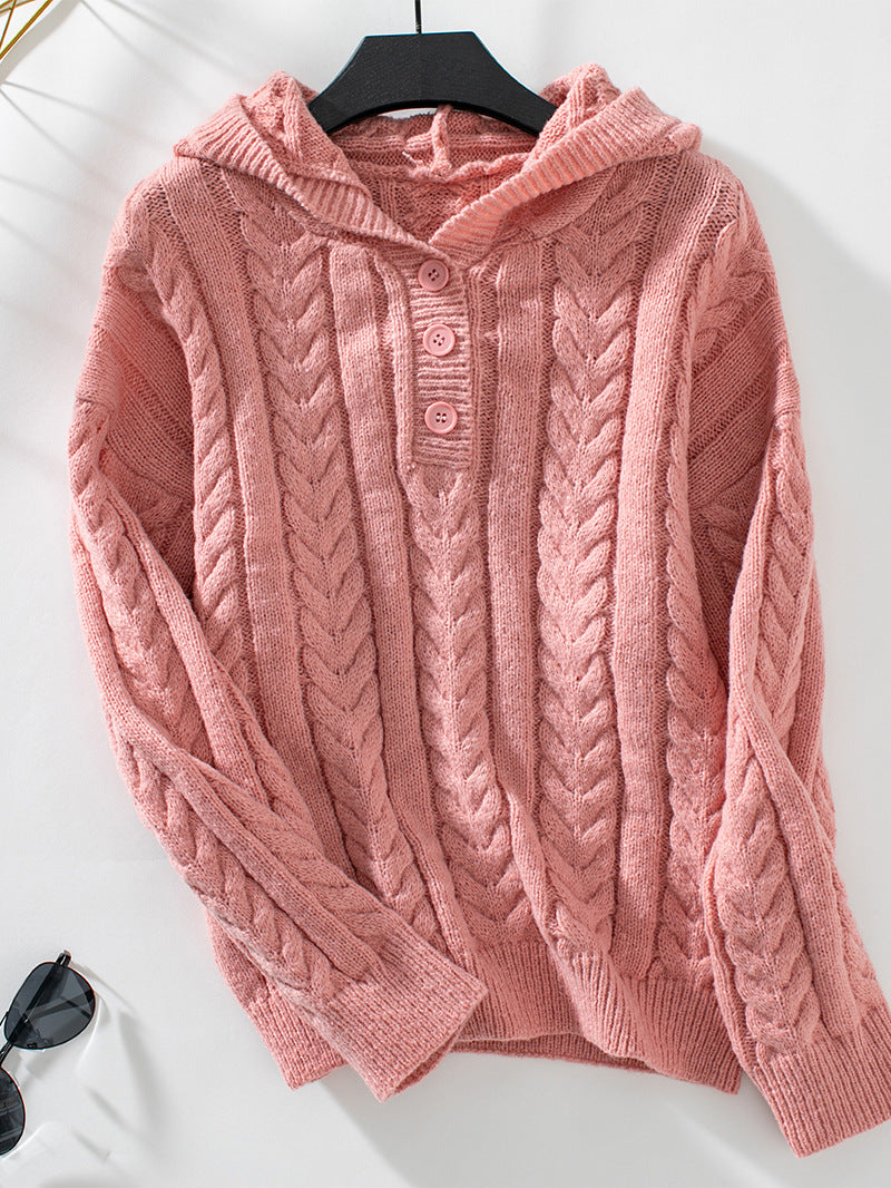 Stylish Thick Buttoned Twist Hooded Sweater for Comfort