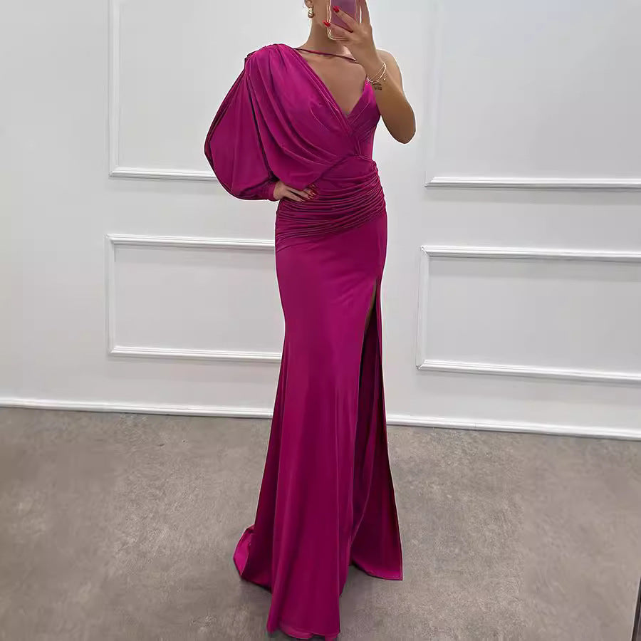 Deep V-Neck One Shoulder Pleated Sleeve Ruched High Split Maxi Gown - View 2