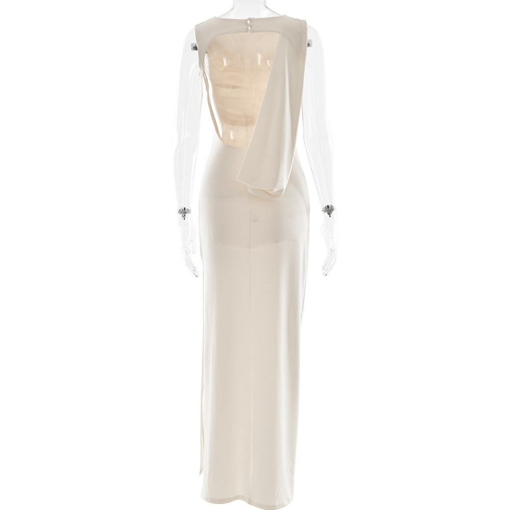Ruched Boat Neck Draped Side-Slit Column Maxi Gown 7
