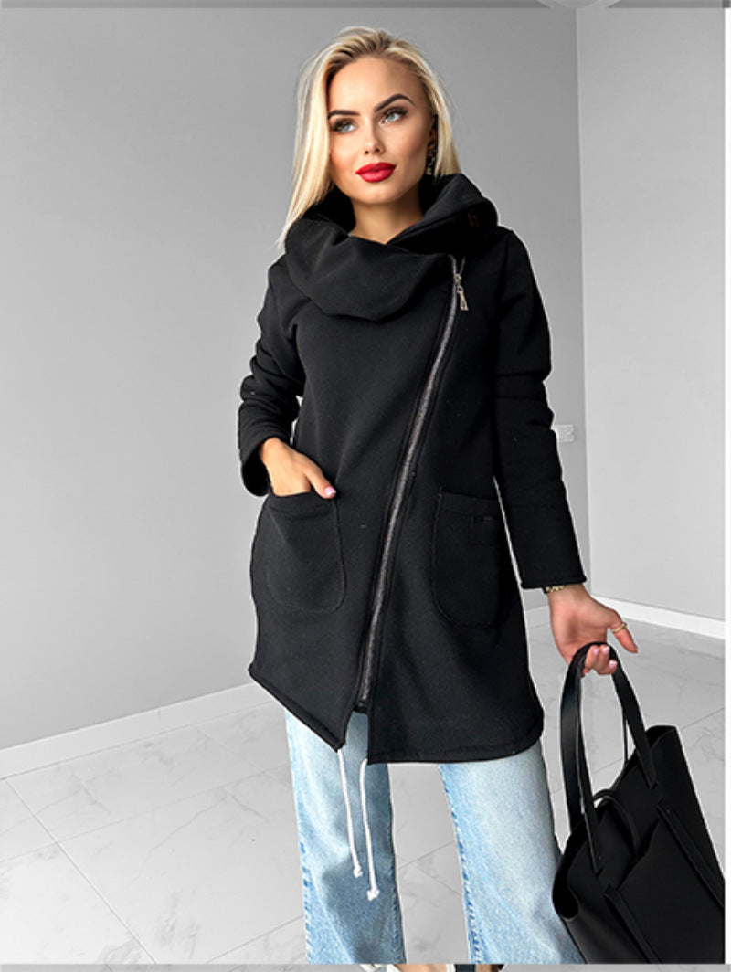 Lapel Mid-Length Fleece Jacket with Oblique Zipper Design