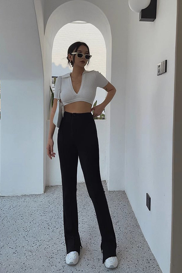 Nature High Waist Buckle Detail Split Hem Pants