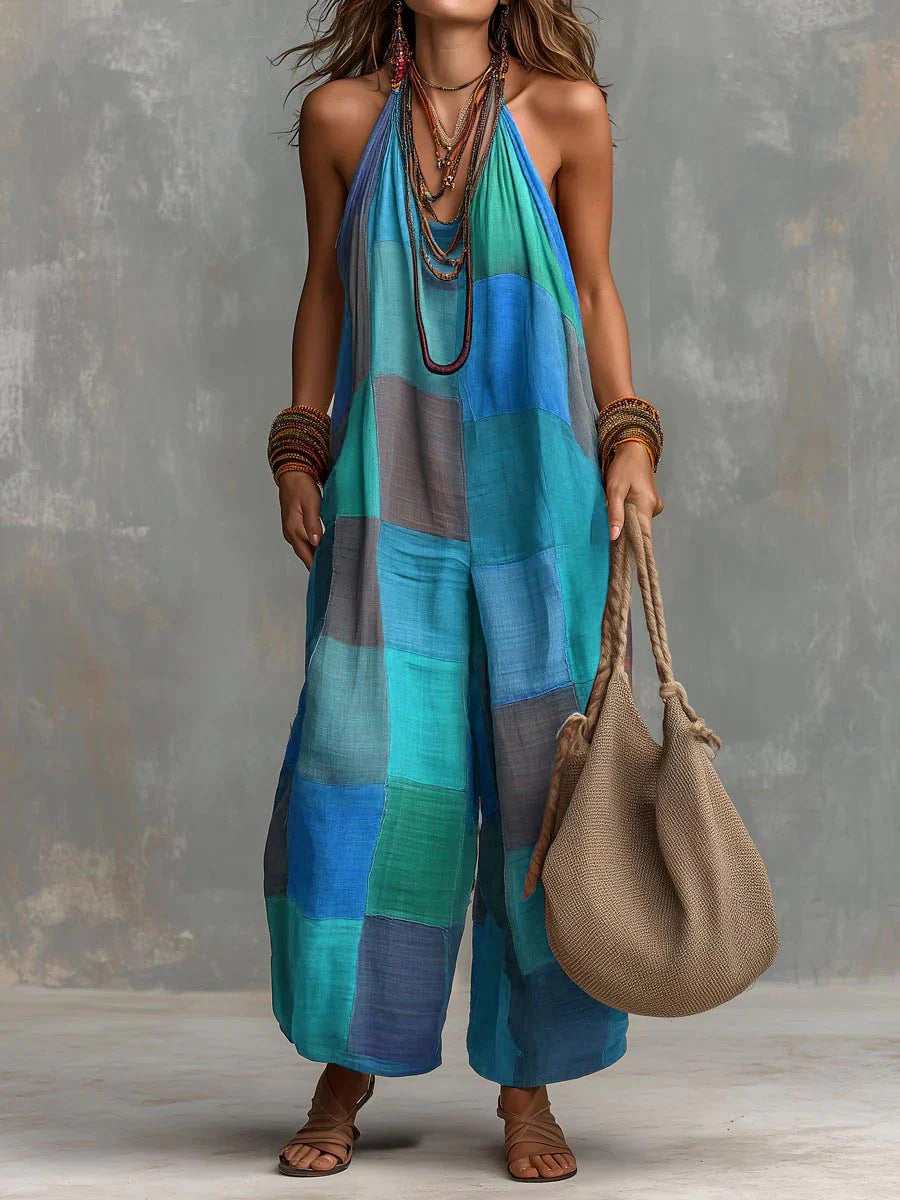 Halter Neck Patchwork Print Wide Leg Jumpsuit 3