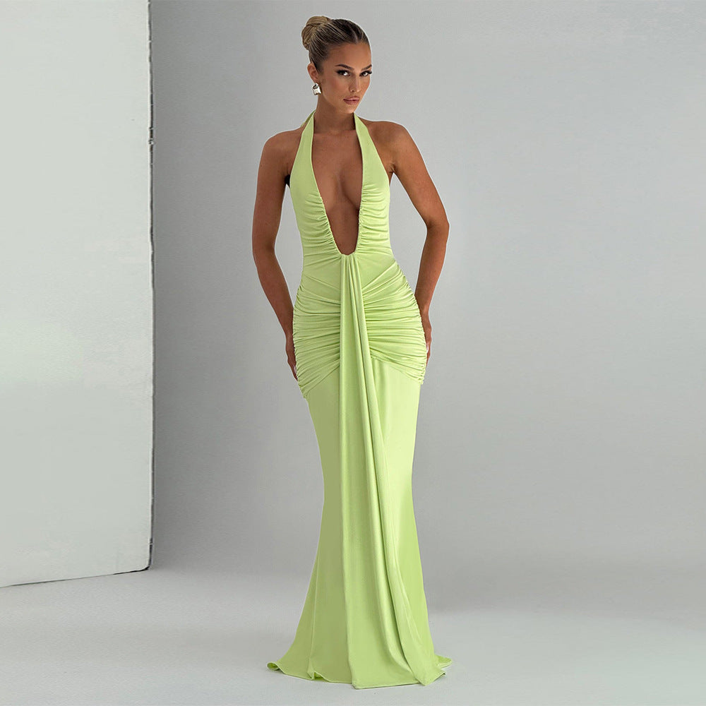 Plunge Halter-Neck Ruched Fishtail Mermaid Gown 2