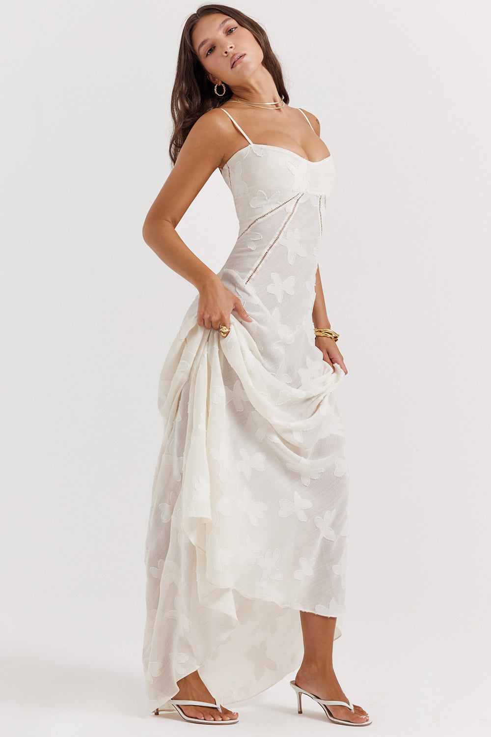 Floral Jacquard Cowl Neck Lace Up Slip Maxi Dress 7