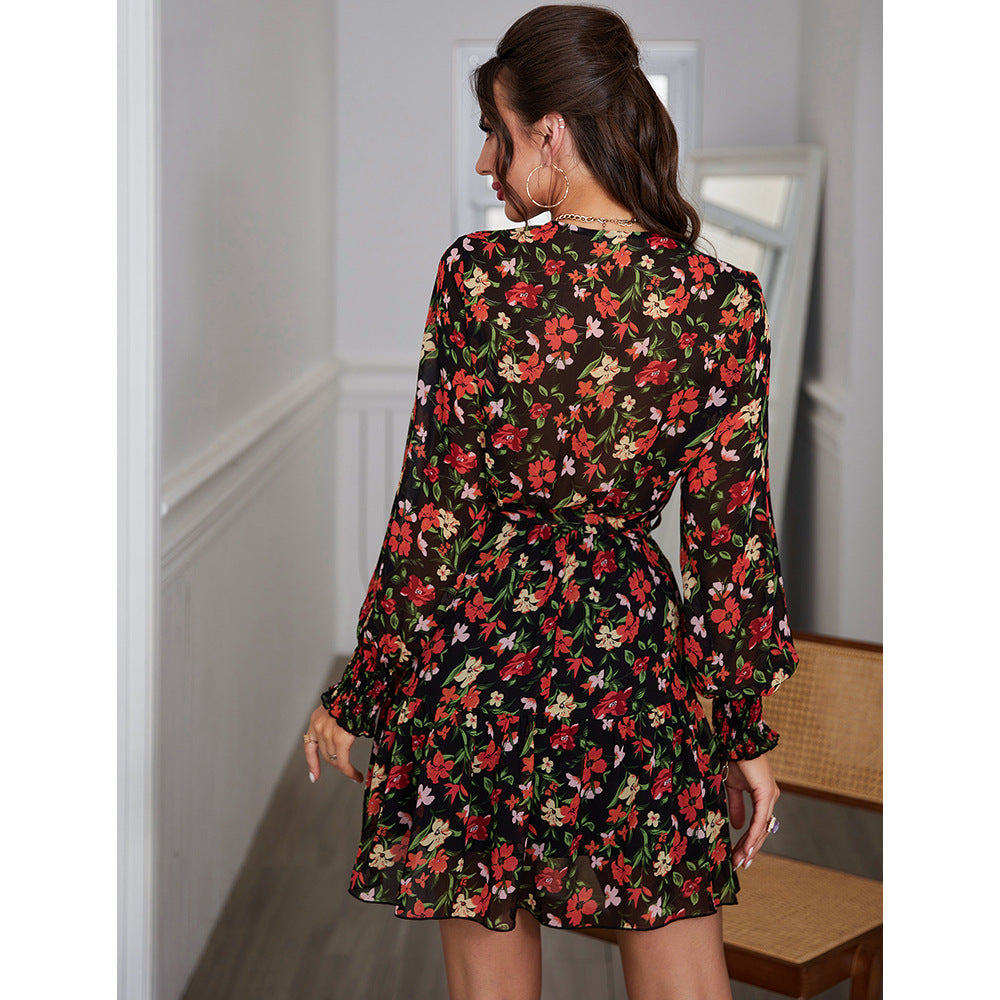 Floral Print V-Neck Long Sleeve Tiered Mini Dress