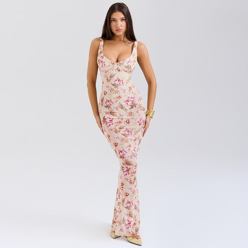 Floral Print Deep V-Neck Fitted Party Dress