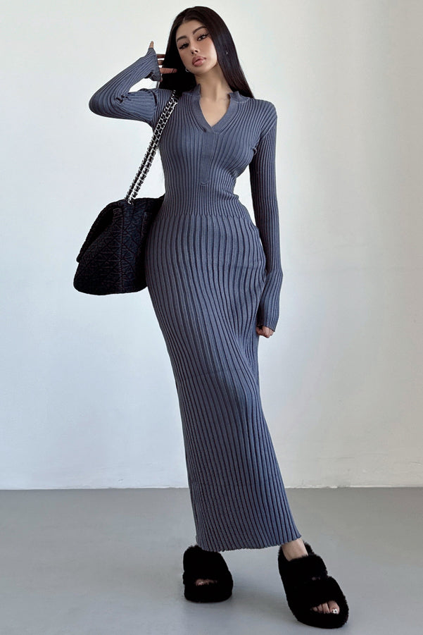 V-Neck Long Sleeve Knit Sweater Dress for Effortless Style