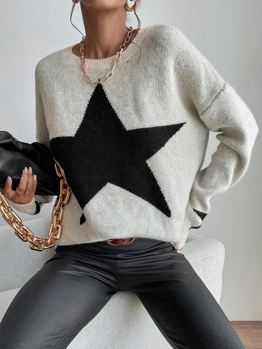 ShoptheCIC Big Stars Crew Neck Sweater for Everyday Style