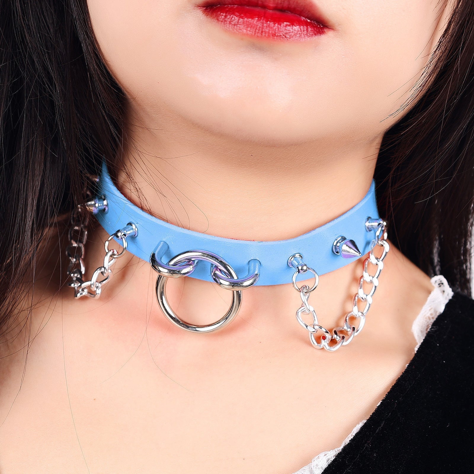 Personality O-Ring Rivet Chain Pu Necklace Blue Halloween
