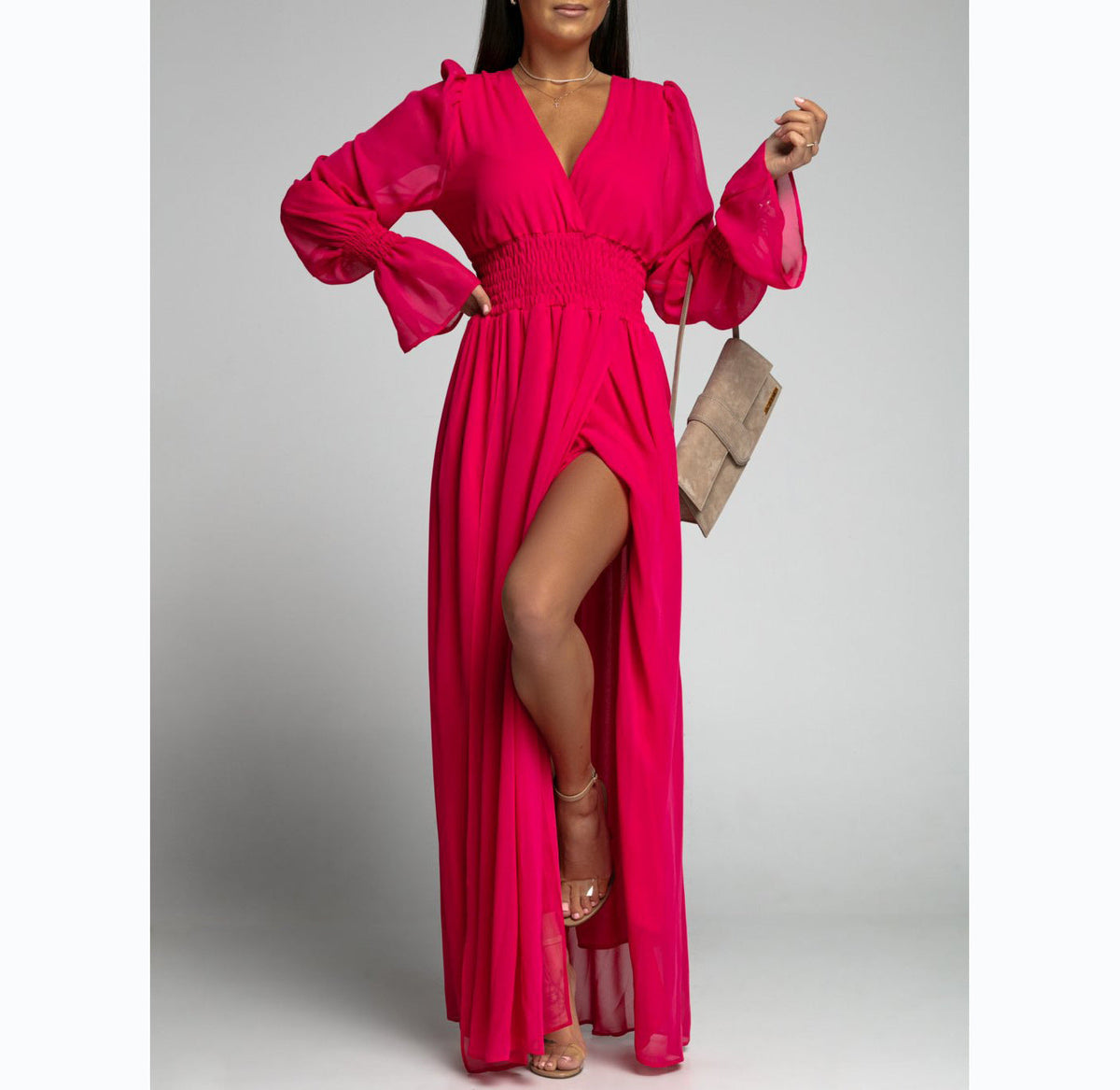 Chiffon Deep V-Neck Puff Sleeve Bell Cuff Smocked Maxi Dress - View 3