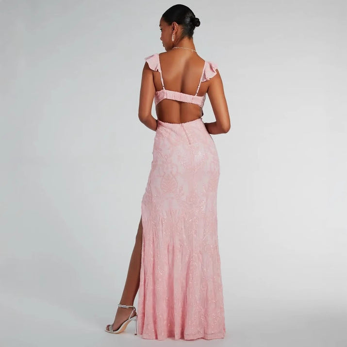 Sequin V-Neck Flutter Strap High Split Bodycon Maxi Gown - View 2