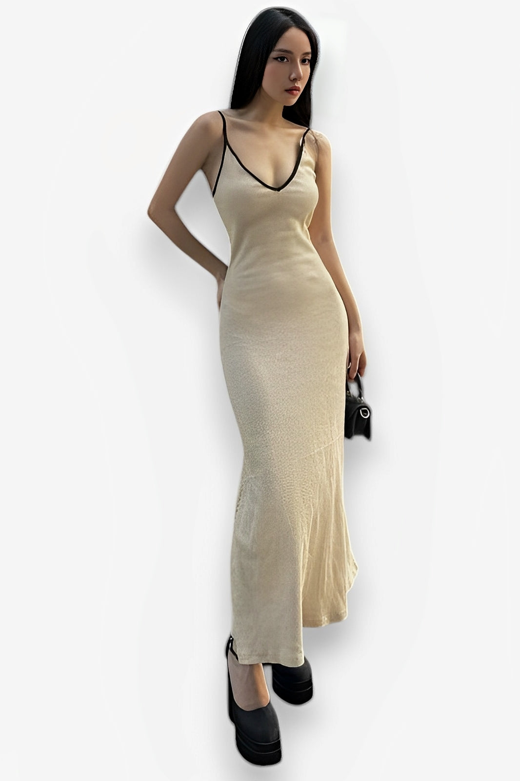 Contrast-Trim Knit V-Neck Spaghetti Strap Maxi Dress