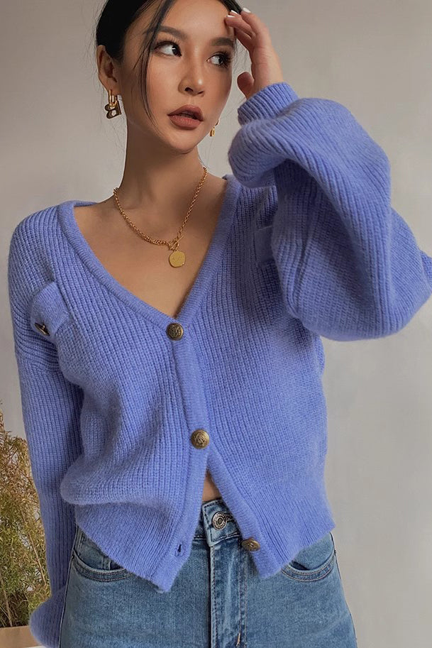 Rib-Knit Buttoned V Neck Sweater Cardigan for Everyday Style