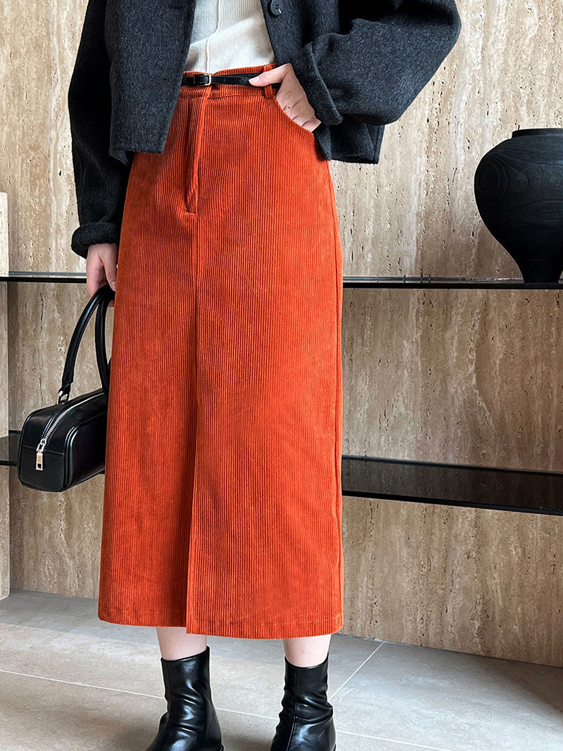 Vintage High-Waisted Corduroy Front-Slit Midi Skirt