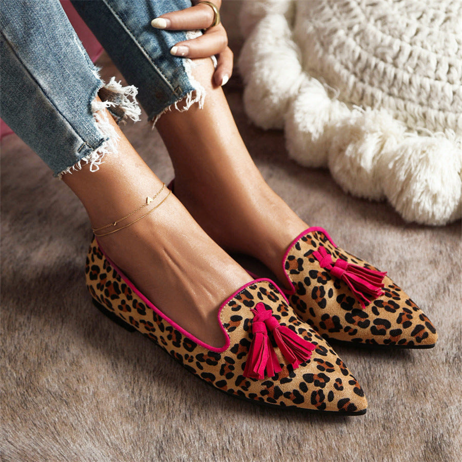 Pointed-toe Fringe Leopard Contrast Mules - Fashionpara