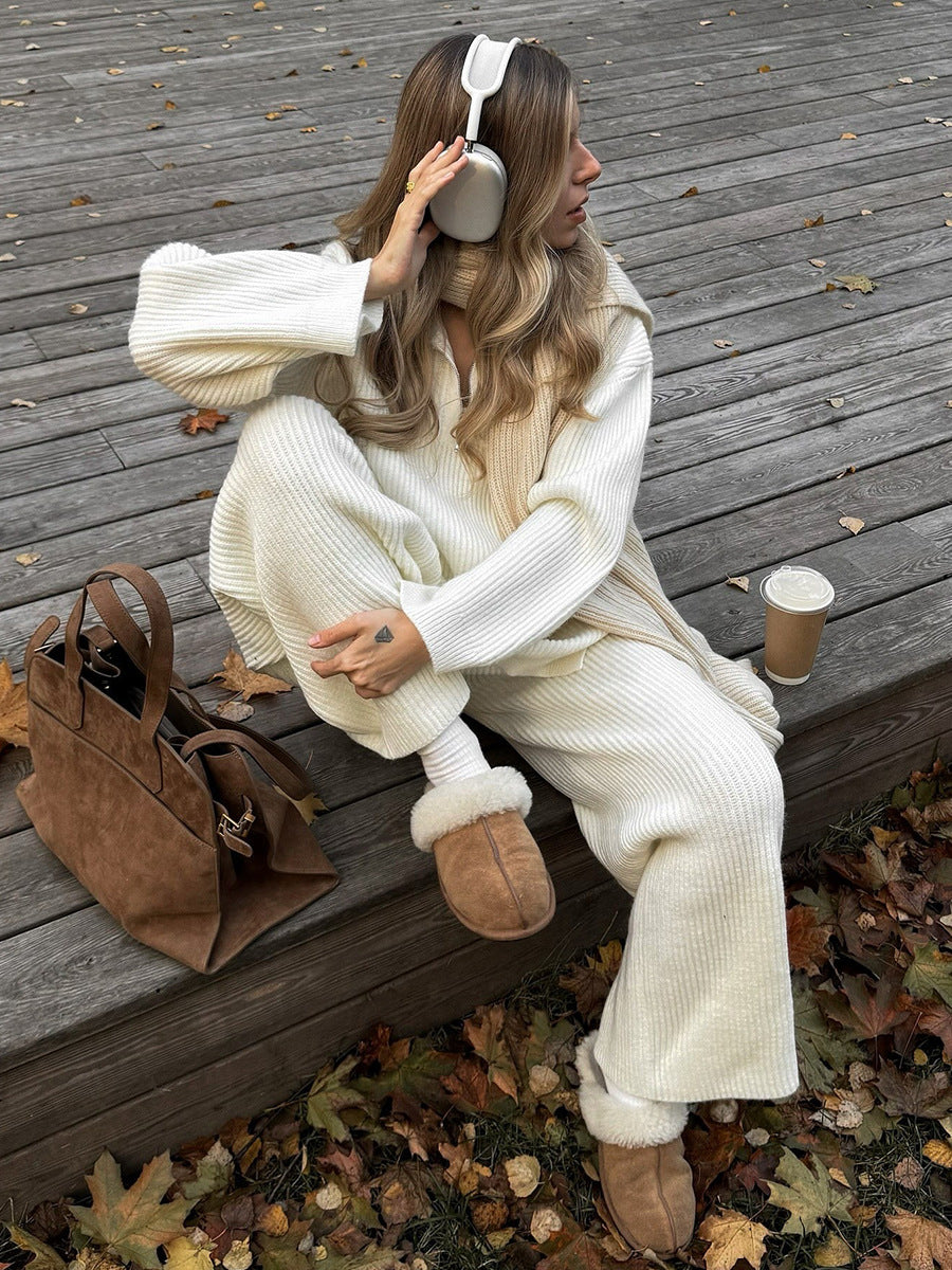Cozy Lapel half-zip long-sleeved knit top and wide-leg pants set