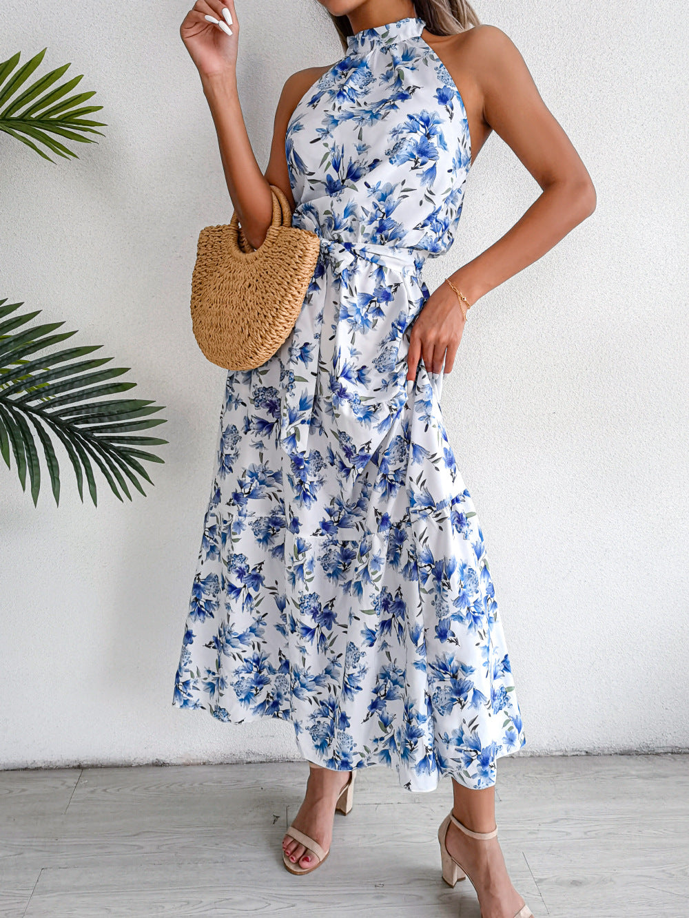 Floral Print Halter Neck Tie Waist Midi Dress 2