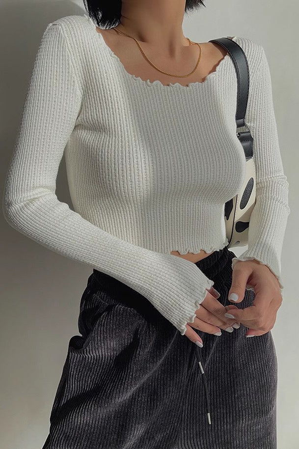 Rib-Knit Cut Out Sweater with Elegant Ruffle Trim