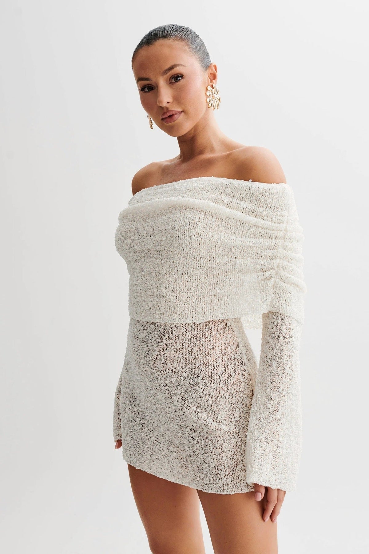 Sequin Off Shoulder Long Sleeve Mini Dress