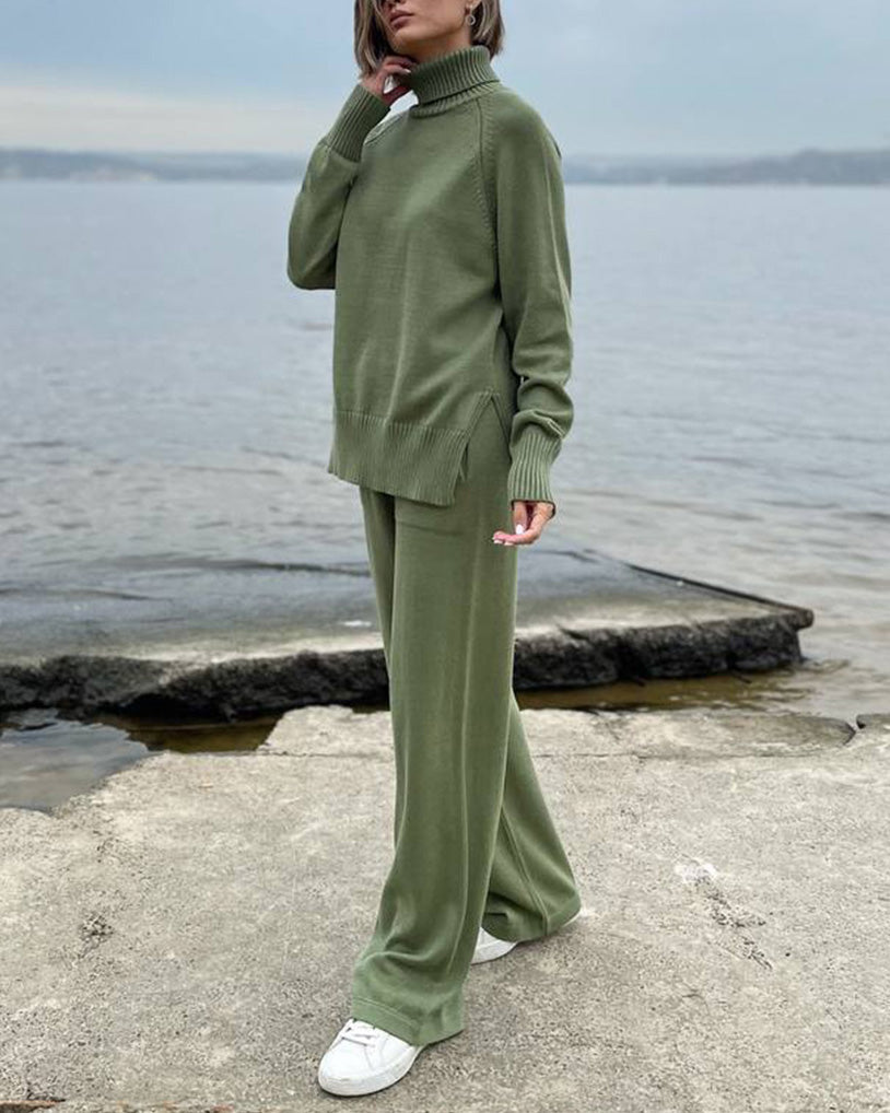 Chic Solid Color Turtleneck Sweater and Trouser Set