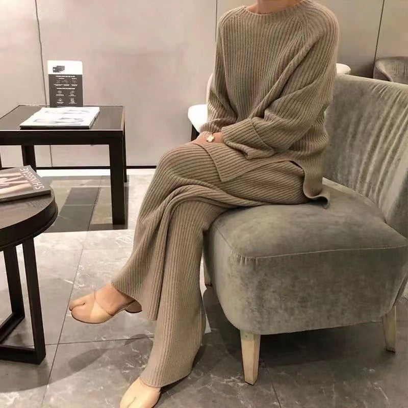 Elegant Casual Split Knit Sweater Wide-Leg Suit - Fashionpara