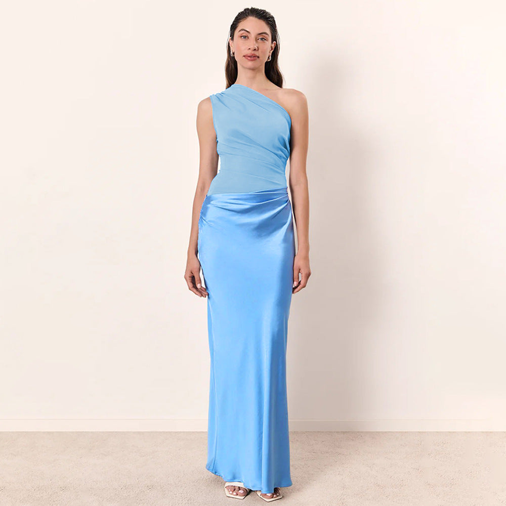 One-Shoulder Ruched Satin Bias Column Maxi Dress