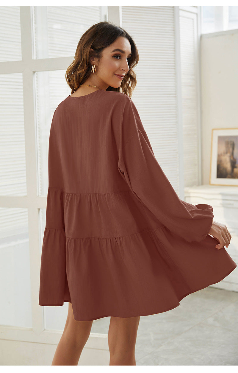 V-Neck Long Sleeve Tiered Babydoll Mini Dress 4