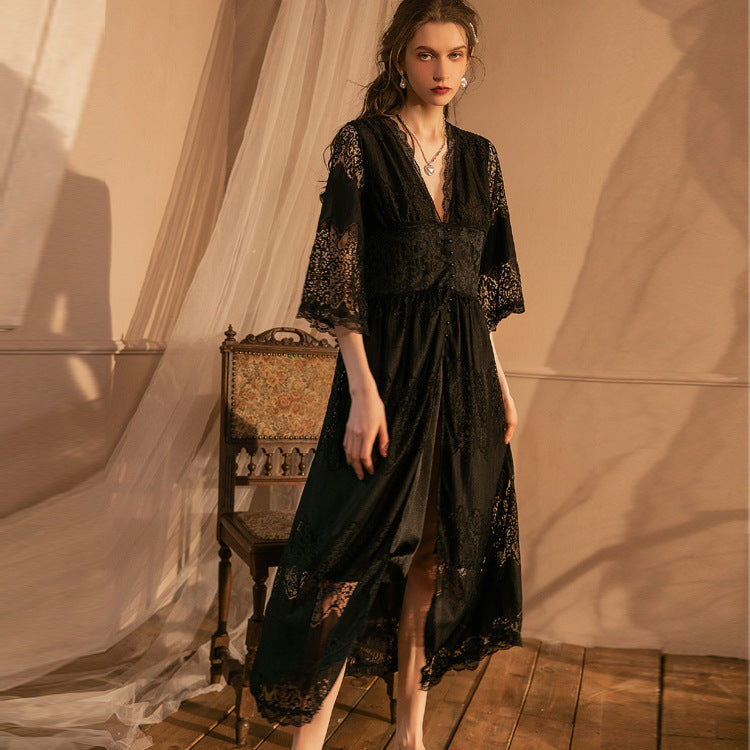 Lace V-Neck Long Sleeve High Slit Maxi Dress 5