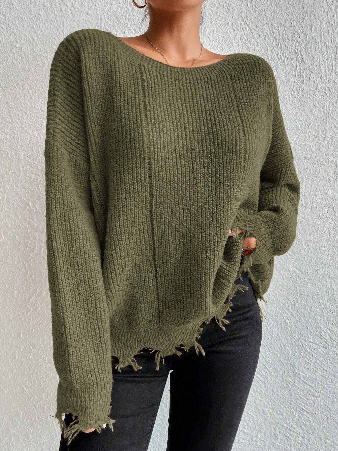 ShoptheCIC Loose Knit Ripped Design Round Neck Sweater